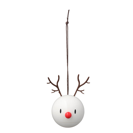 White round ornament with brown antlers and a red nose on a white background