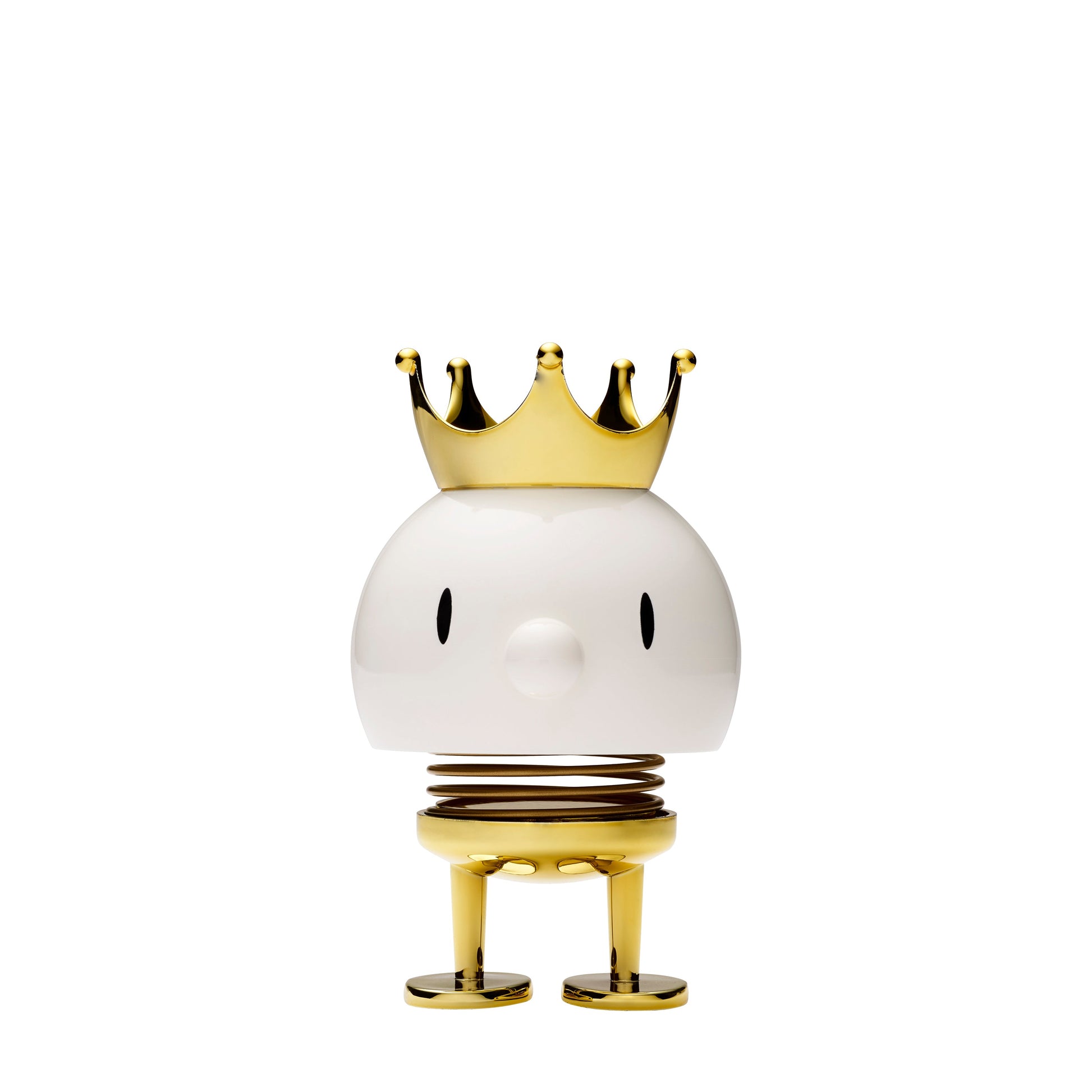 Decorative object with a white sphere, gold crown, and legs on a white background
