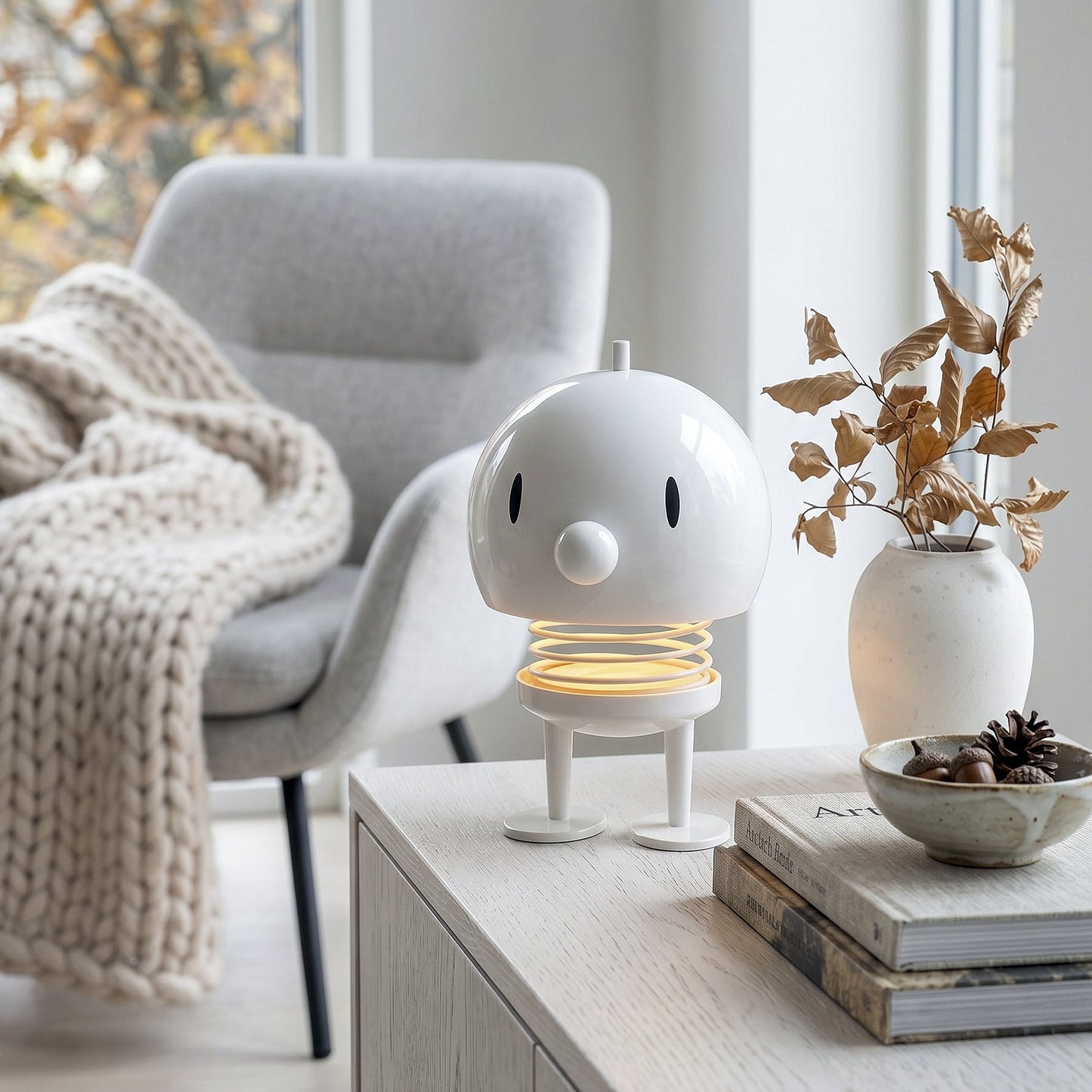 A small white cartoon-style lamp with a glowing warm yellow spring base sits on a light wood console table in a bright living room. A gray armchair with a cream knit throw and a small vase with dried leaves are nearby.