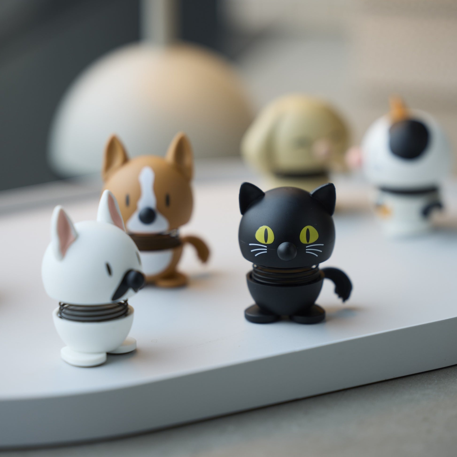 Set of small animal figurines on a surface with a blurred background