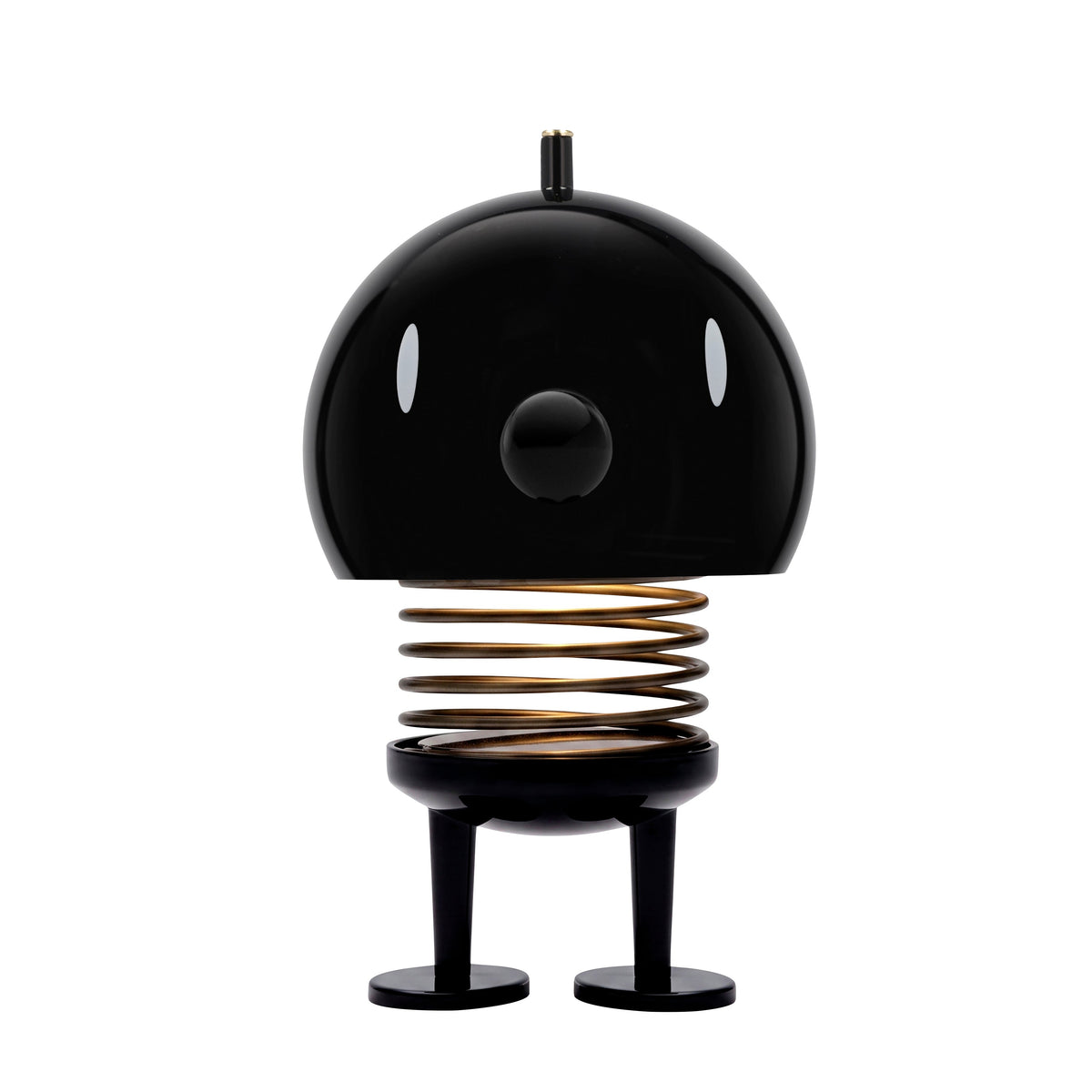 A black spring toy lamp with a glossy spherical head, white oval eyes, a round black nose, and a coiled gold-toned spring between a black base and feet, shown on a plain white background.